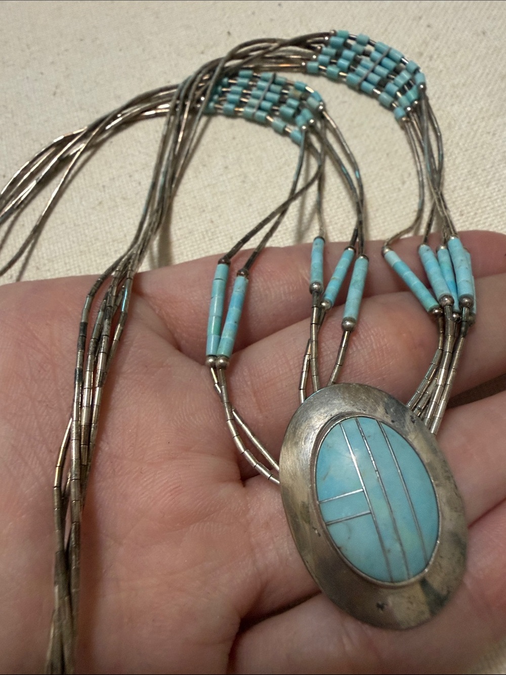 Navajo Native Sterling Silver Turquoise Inlay Multi-Strand Necklace 23’